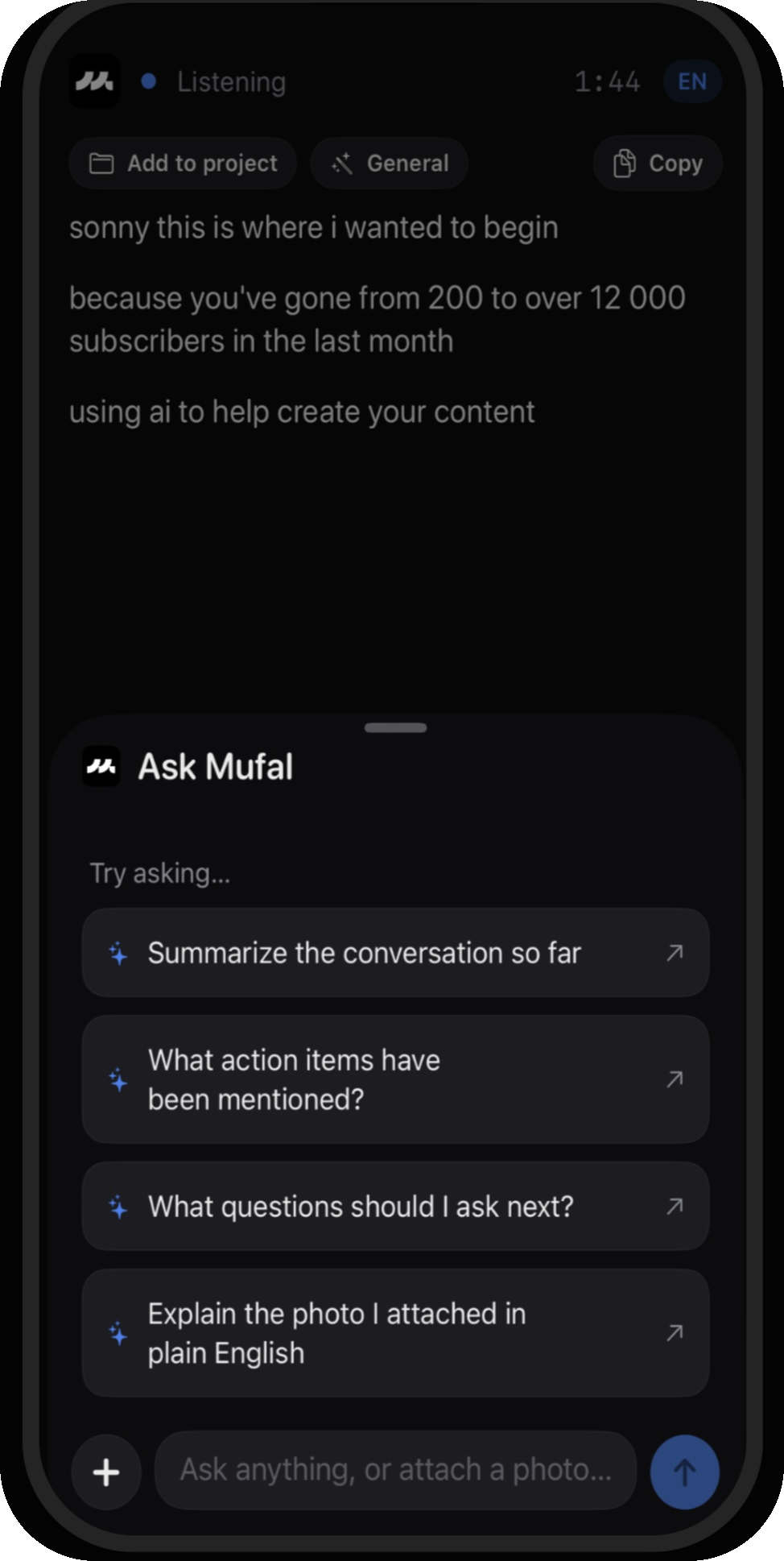 Ask Mufal during a live meeting on iPhone