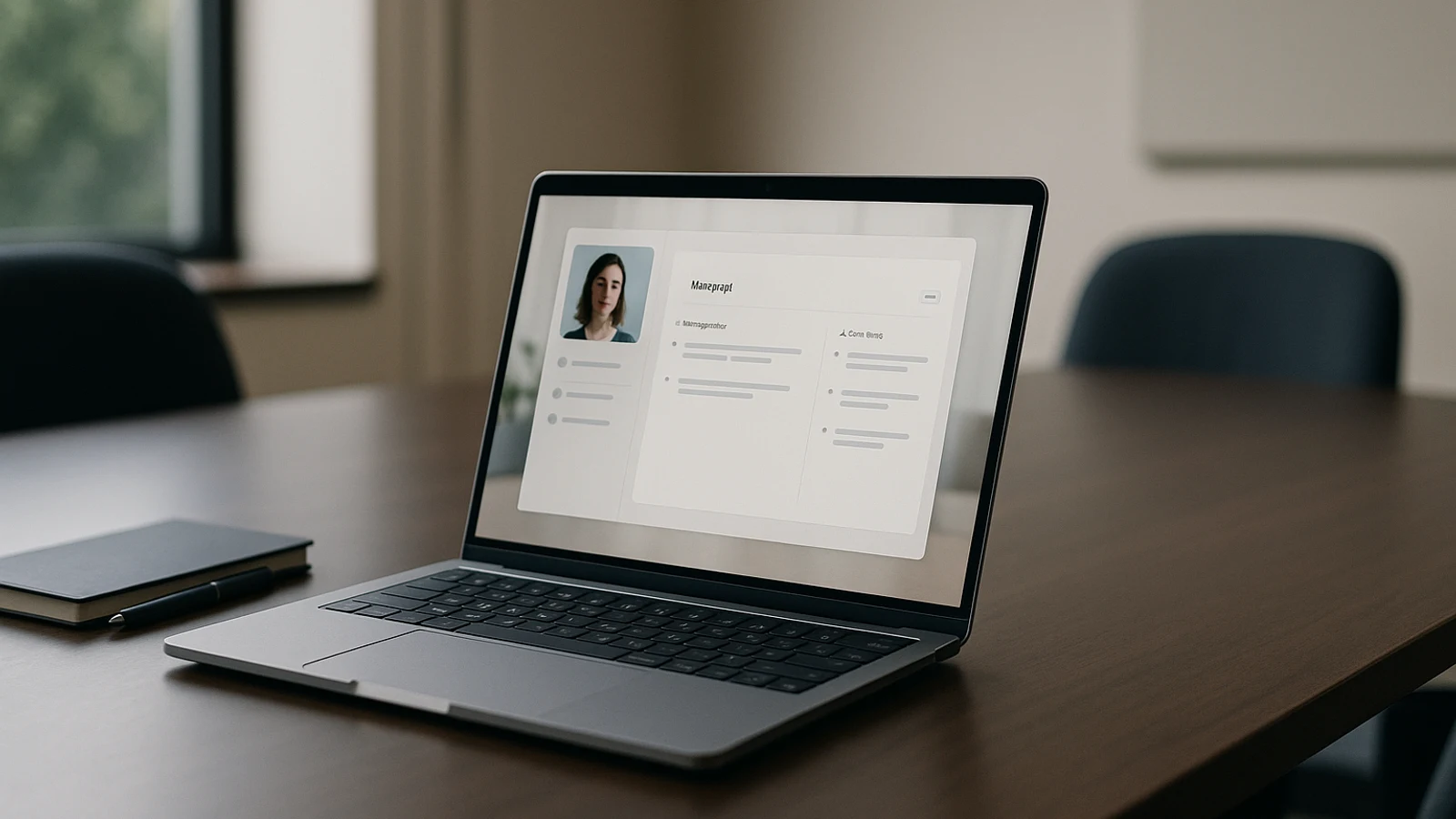A laptop displaying a subtle Mufal interface in a meeting room setting. / Un ordinateur portable affichant une interface discrète de Mufal dans un cadre de salle de réunion.
