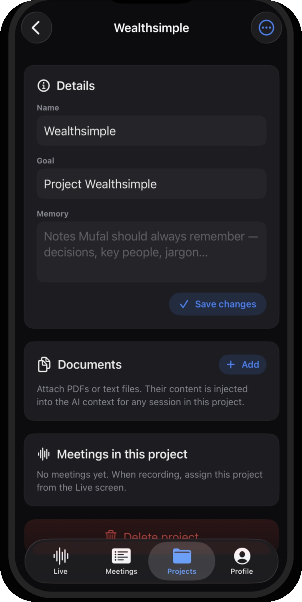 Mufal projects and meeting memory on iPhone